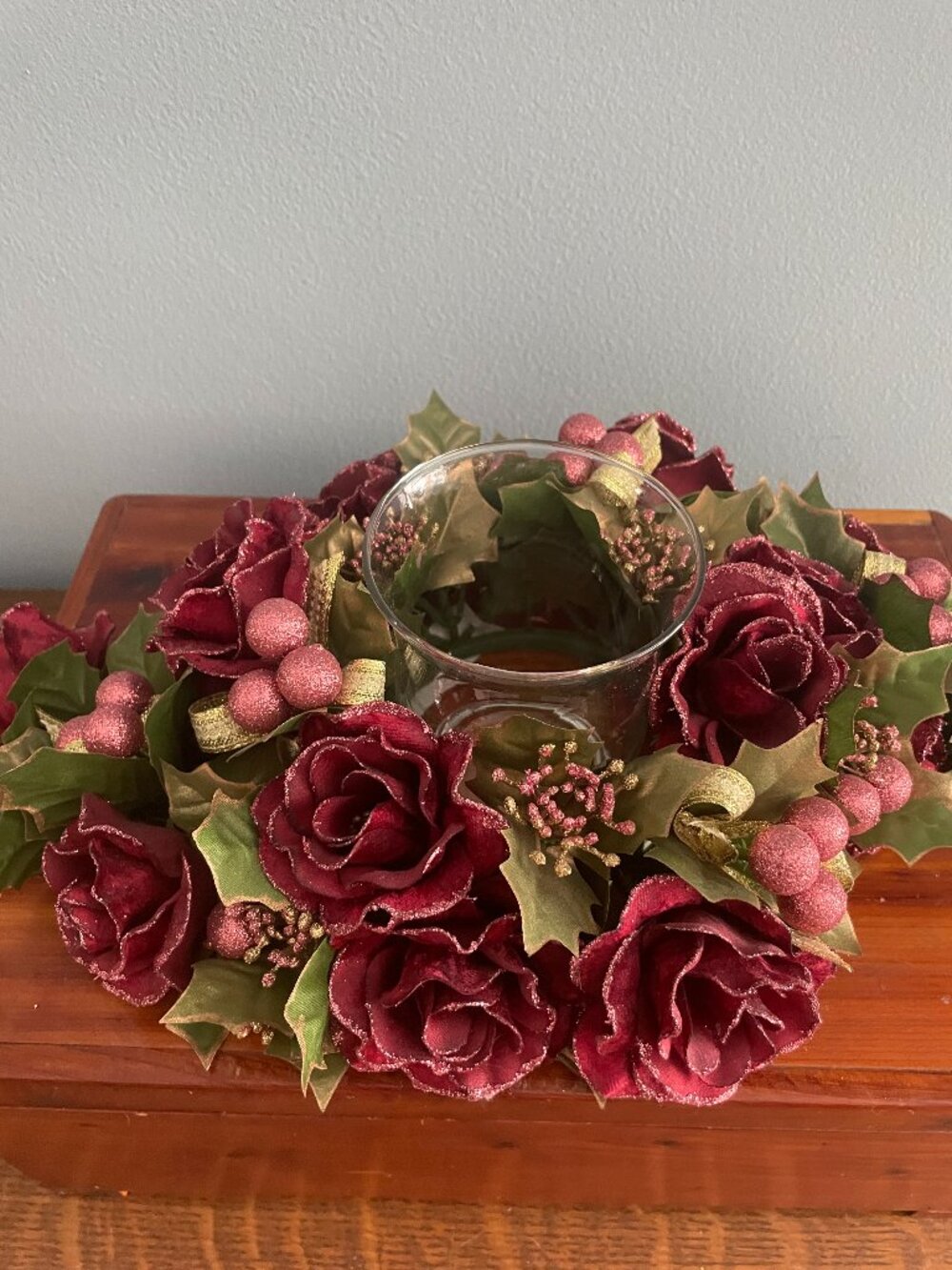 Centerpiece Candle Holder Ring Floral Roses Cranberries Holly Glitter Christmas